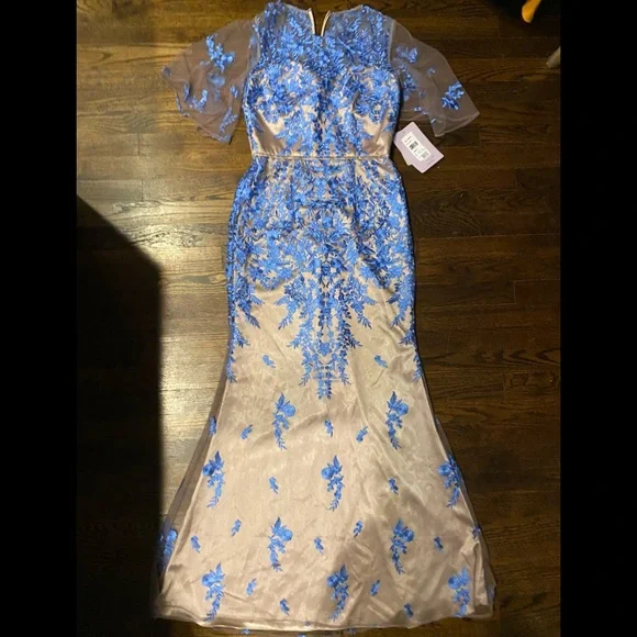 NWT Formal Floral Embroidered Long Mermaid Evening Gown w French Blue Lace - Picture 3 of 9